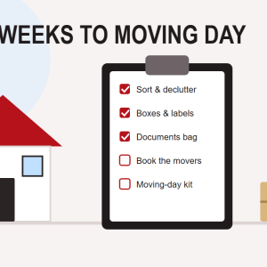 Illustration of a house, a moving checklist on a clipboard and labelled packing boxes