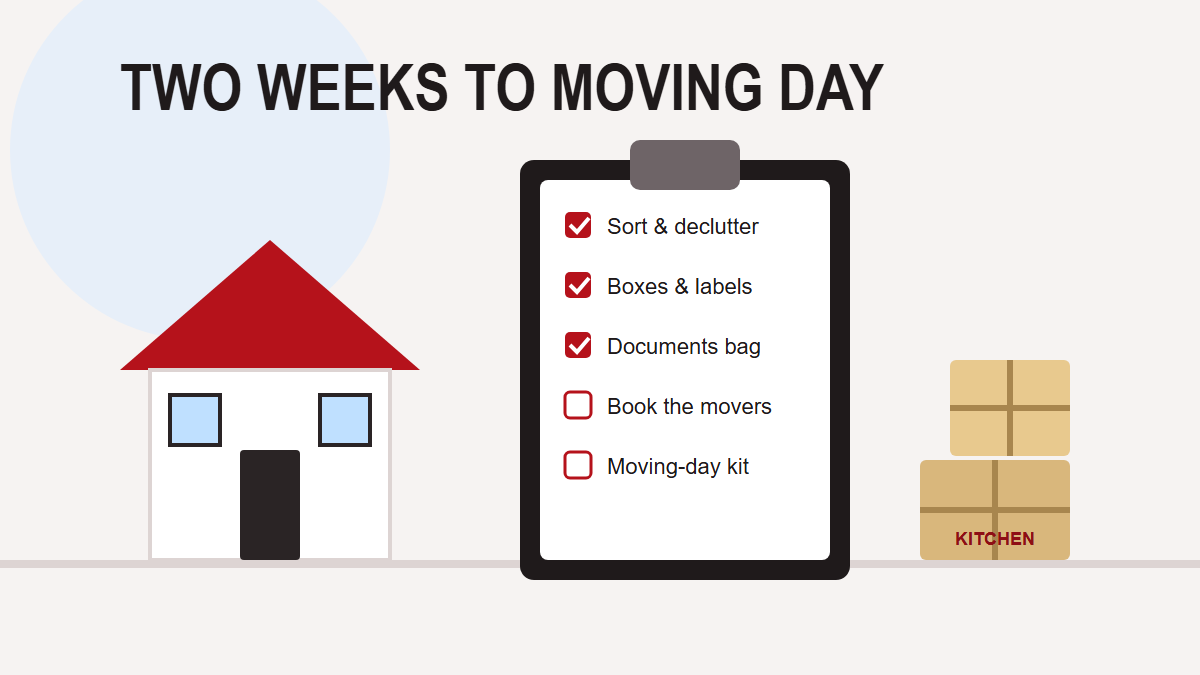 Illustration of a house, a moving checklist on a clipboard and labelled packing boxes