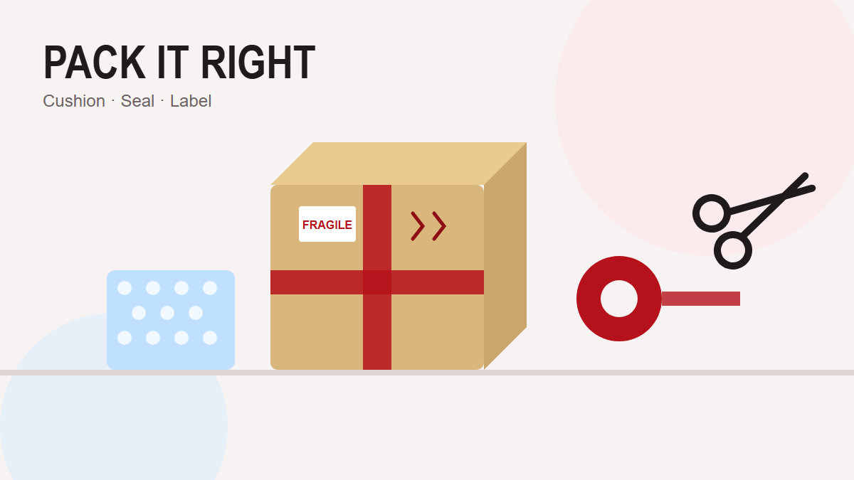 Illustration of a taped courier parcel marked fragile with bubble wrap, tape and scissors