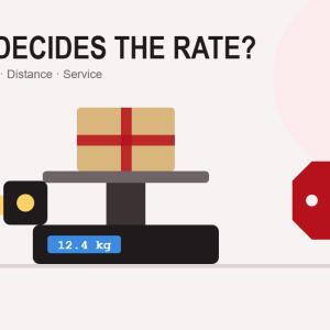 Illustration of a parcel on a weighing scale with a measuring tape and a rupee price tag