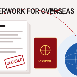 Illustration of shipping documents stamped cleared, a passport and a plane over a globe
