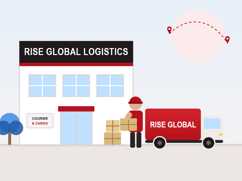 Illustration of the Rise Global Logistics office in Lucknow with a delivery van and a courier executive holding a parcel